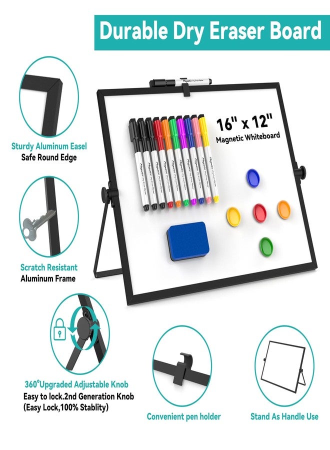 Cazeyoo Dry Erase White Board, Cazeyoo Magnetic Desktop Whiteboard 16 x 12inch with Stand, 10 Markers, 4 Magnets and 1 Eraser, Portable Double-Sided White Board for Kids Drawing, Office, Home, School - Black - Image 4