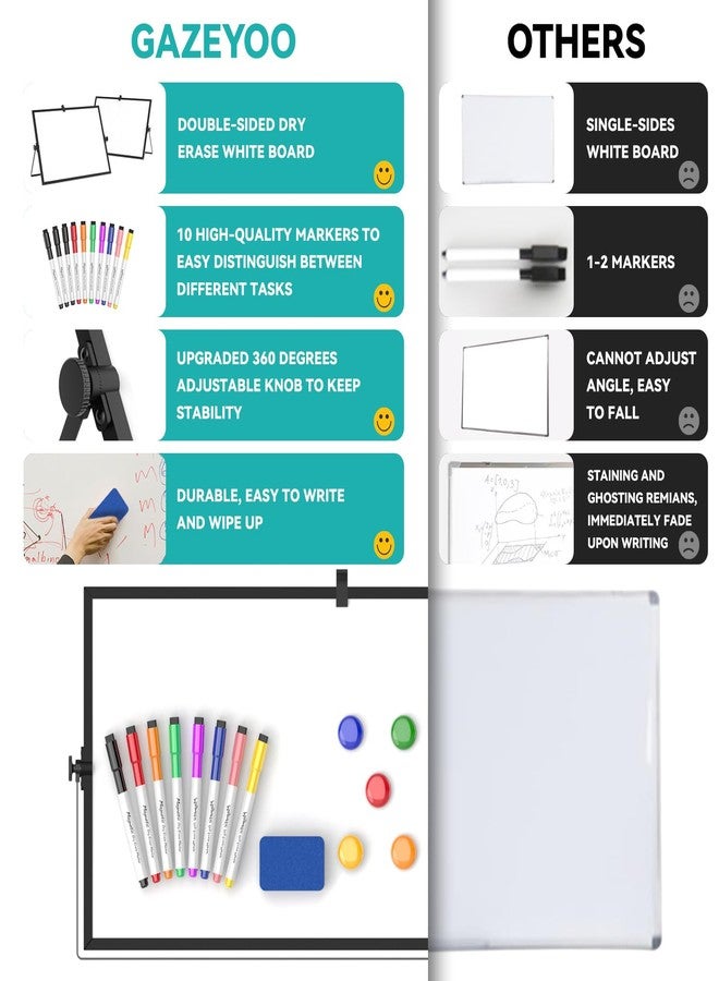 Cazeyoo Dry Erase White Board, Cazeyoo Magnetic Desktop Whiteboard 16 x 12inch with Stand, 10 Markers, 4 Magnets and 1 Eraser, Portable Double-Sided White Board for Kids Drawing, Office, Home, School - Black - Image 3