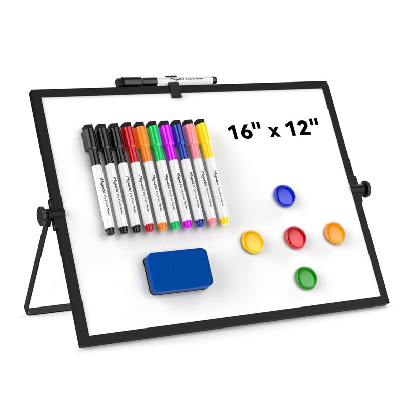Cazeyoo Dry Erase White Board, Cazeyoo Magnetic Desktop Whiteboard 16 x 12inch with Stand, 10 Markers, 4 Magnets and 1 Eraser, Portable Double-Sided White Board for Kids Drawing, Office, Home, School - Black - Image 1