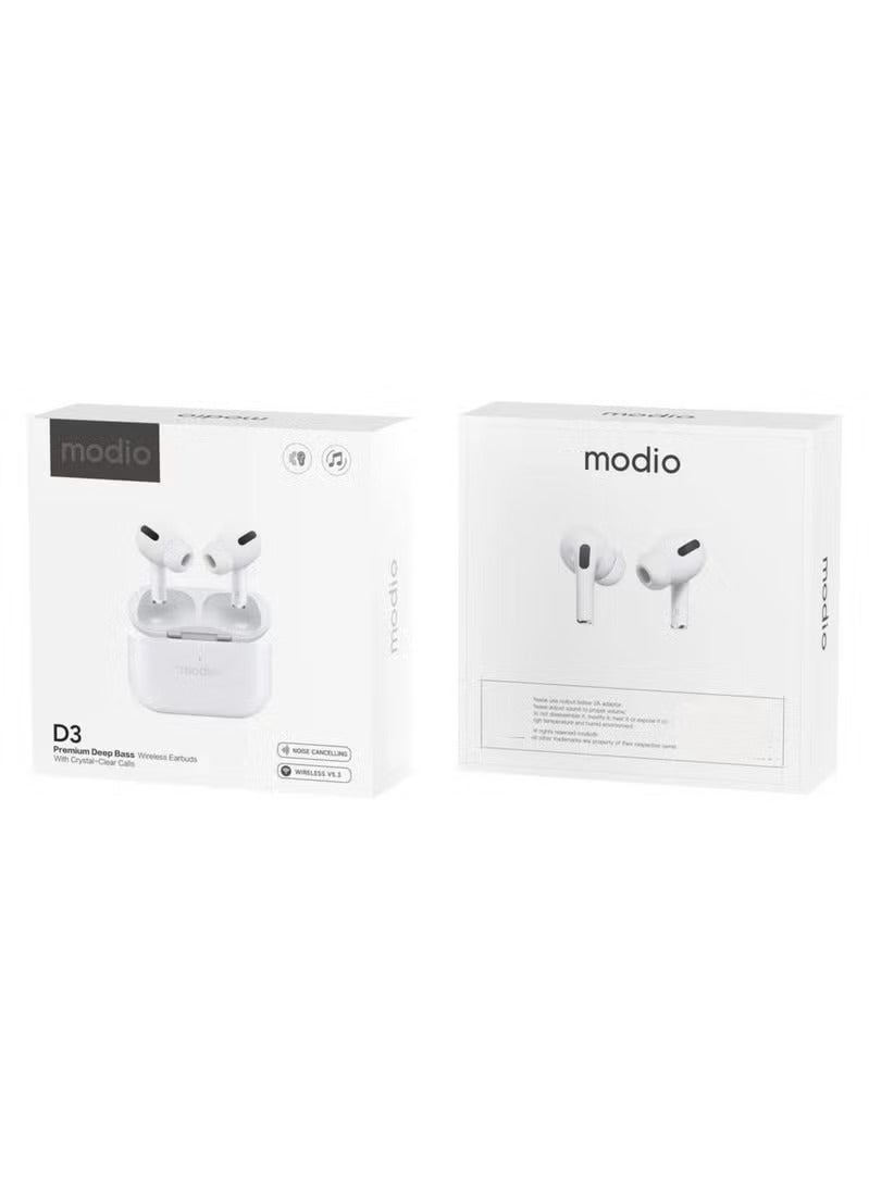 Modio D3 Premium Original Branded Wireless Earbuds With Deep Bass Noise Cancelling Technology Multi Functional Touch Control and Microphone Compatible With Android Mobiles and Tablets White - Image 4