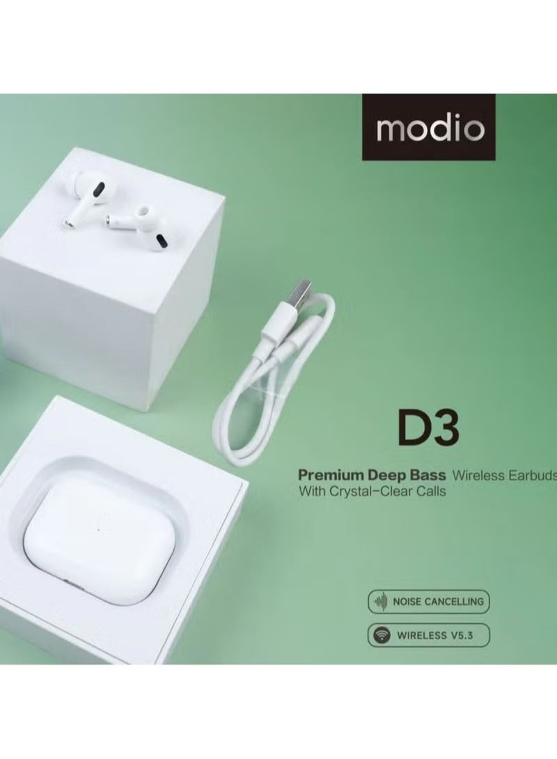 Modio D3 Premium Original Branded Wireless Earbuds With Deep Bass Noise Cancelling Technology Multi Functional Touch Control and Microphone Compatible With Android Mobiles and Tablets White - Image 2