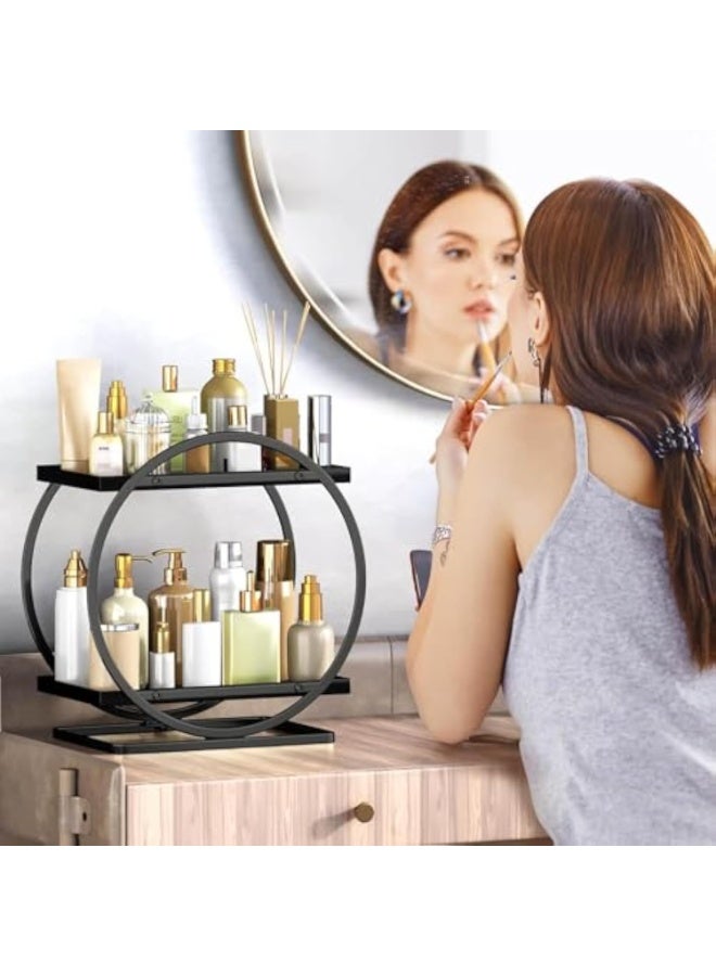 Arabest منظم وتخزين، منظم عطر أسود لحمام منظم لمنتجات العناية بالبشرة، صينية عرض تجميلية بطبقتين لمنظم سطح الحمام، تخزين مكياج (أسود) - Image 2