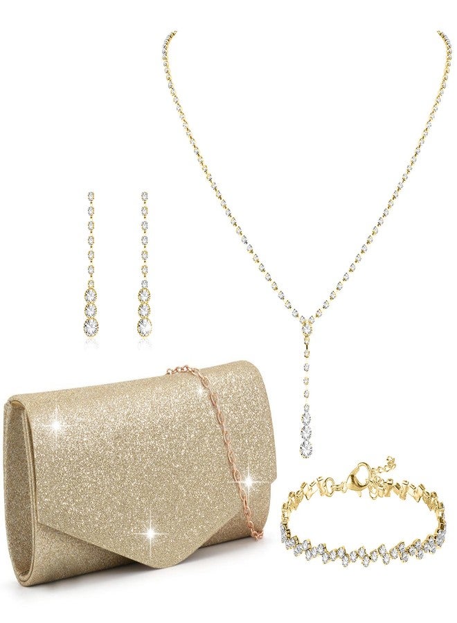 FEYIR Clutch Purse Jewelry Set for Women Evening Bags Silver Gold Rhinestone Crystal Necklace Earrings Bracelet Set Formal Wedding Bridal Accessories Jewelry for Prom, Adjustable, Alloy Steel - Image 1