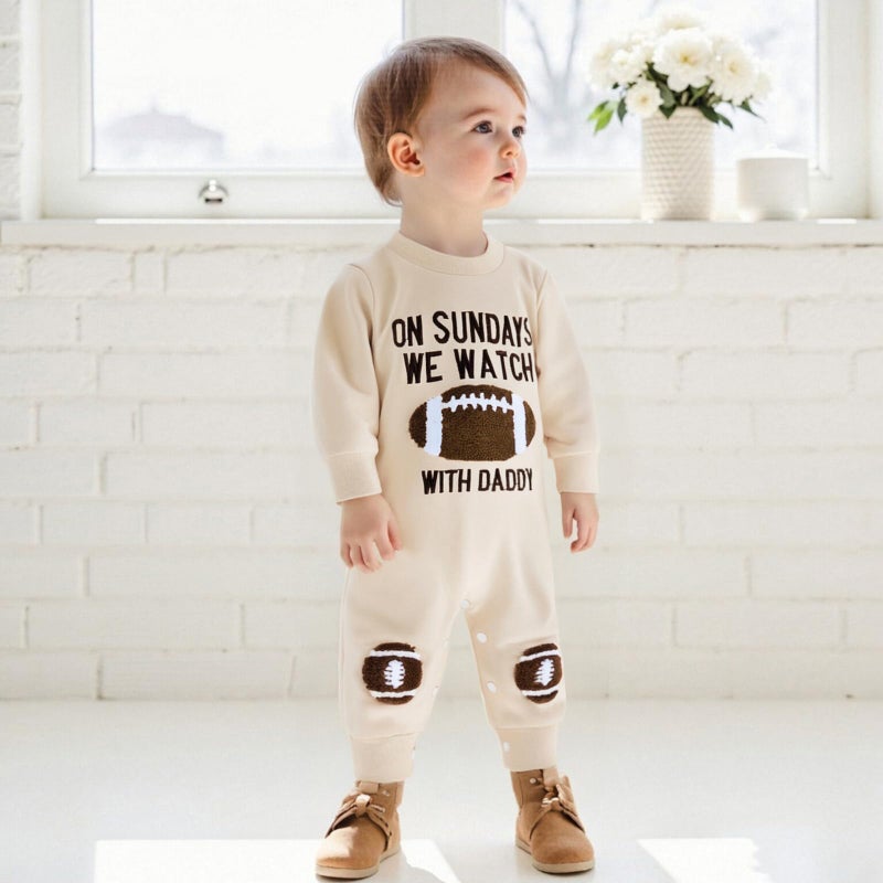 allshope Newborn Baby Boy Girl Fall Outfit Romper Long Sleeve Football Embroidery Jumpsuit Bodysuit Cute Infant Clothes (On Sundays We Watch Football With Daddy Khaki, 0-3 Months) - Image 4
