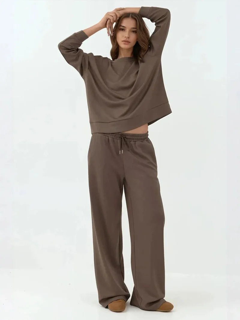 HICCUP Chestnut Brown Soft Modal Touch Wide Leg Sweatpants for Women | Best Price UAE