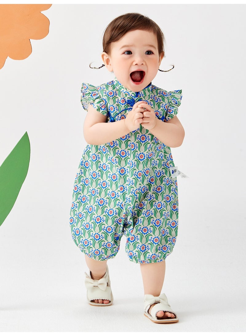 ميني بالا سراويل طفلة الأطفال بأكمام قصيرة للخروج، بتصميم زهري، قطعة ناعمة وقابلة للتنفس، كم صفتي، زر ضفدعي، مغلق بزيب وزر، تقليدية ولطيفة للأنشطة اليومية والخارجية - Image 1