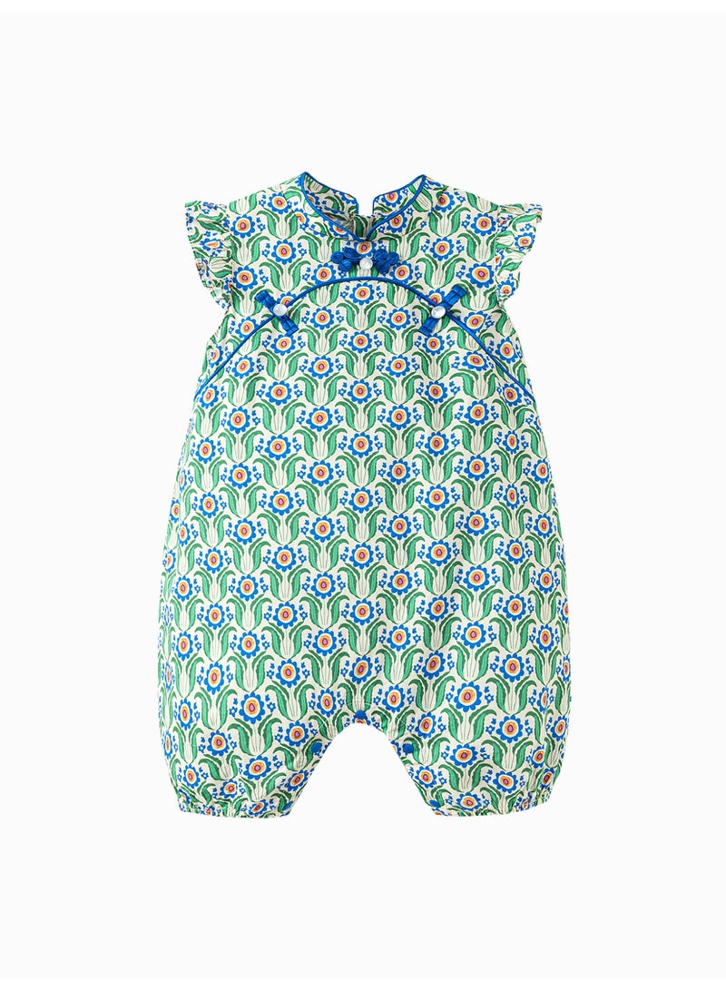 ميني بالا سراويل طفلة الأطفال بأكمام قصيرة للخروج، بتصميم زهري، قطعة ناعمة وقابلة للتنفس، كم صفتي، زر ضفدعي، مغلق بزيب وزر، تقليدية ولطيفة للأنشطة اليومية والخارجية - Image 4