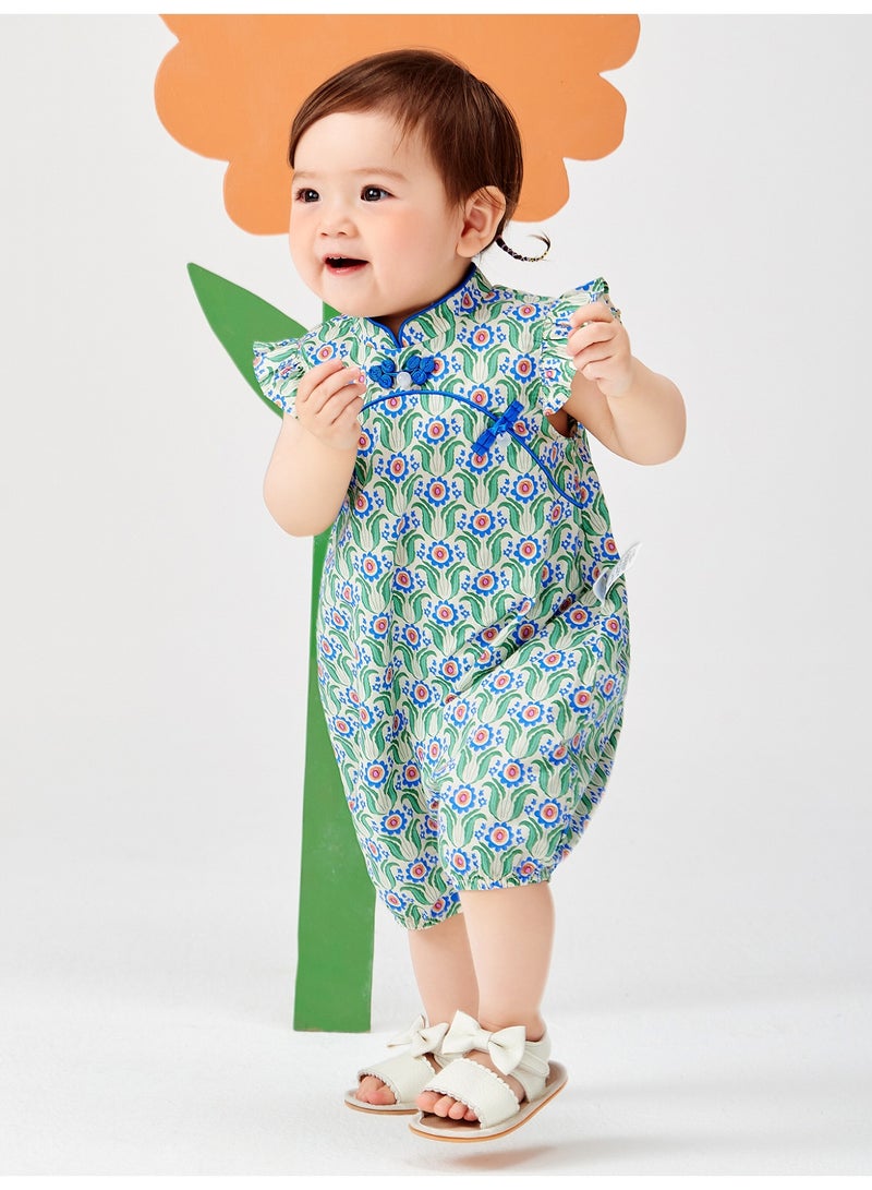 ميني بالا سراويل طفلة الأطفال بأكمام قصيرة للخروج، بتصميم زهري، قطعة ناعمة وقابلة للتنفس، كم صفتي، زر ضفدعي، مغلق بزيب وزر، تقليدية ولطيفة للأنشطة اليومية والخارجية - Image 2