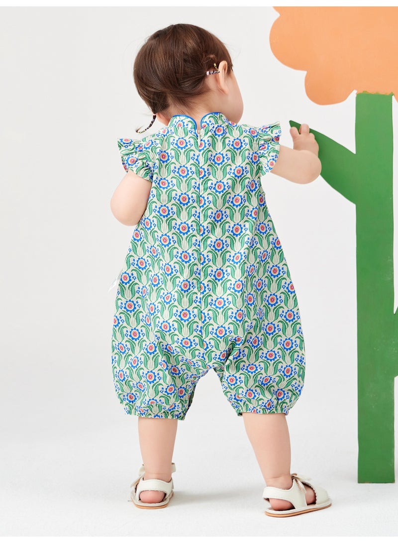 ميني بالا سراويل طفلة الأطفال بأكمام قصيرة للخروج، بتصميم زهري، قطعة ناعمة وقابلة للتنفس، كم صفتي، زر ضفدعي، مغلق بزيب وزر، تقليدية ولطيفة للأنشطة اليومية والخارجية - Image 3