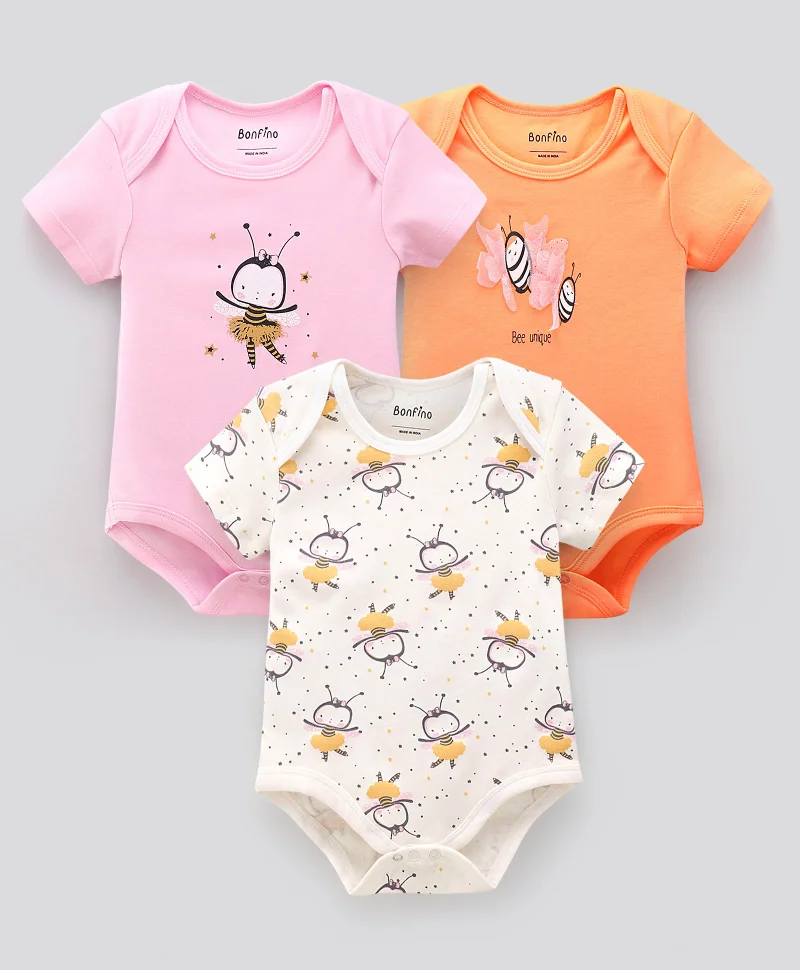 Bonfino Bonfino Half Sleeves Printed Onesies Pack of 3 - Pink Ivory Orange