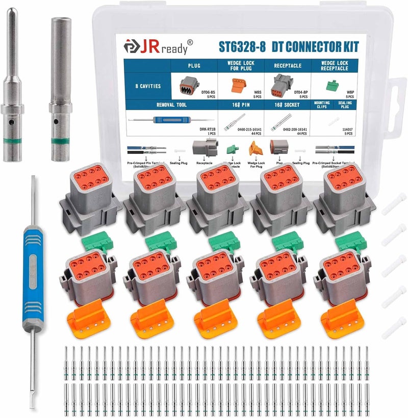 JRready ST6328-8 Deutsch DT Series Connector 5 Kit 8 Pin Way,Removal Tool DRK-RT1B And Sealing Plugs,16 Solid Contacts 14-20 AWG 13 Amps Continuous DT04-8P DT06-8S w/Wedge Lock W8P W8S - Image 1