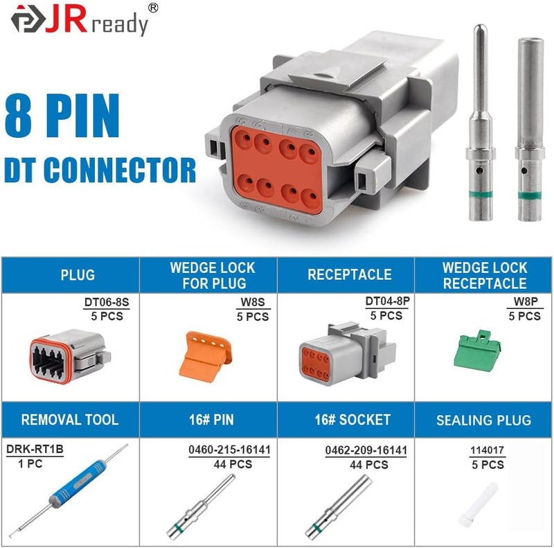 JRready ST6328-8 Deutsch DT Series Connector 5 Kit 8 Pin Way,Removal Tool DRK-RT1B And Sealing Plugs,16 Solid Contacts 14-20 AWG 13 Amps Continuous DT04-8P DT06-8S w/Wedge Lock W8P W8S - Image 2
