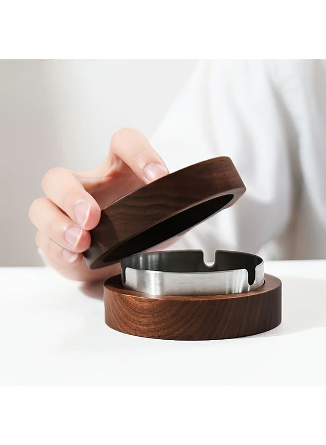 Solid Wood Ashtray With Silvery Lid Anti Spill Stainless Steel Interior For Home Office Outdoor - Image 2