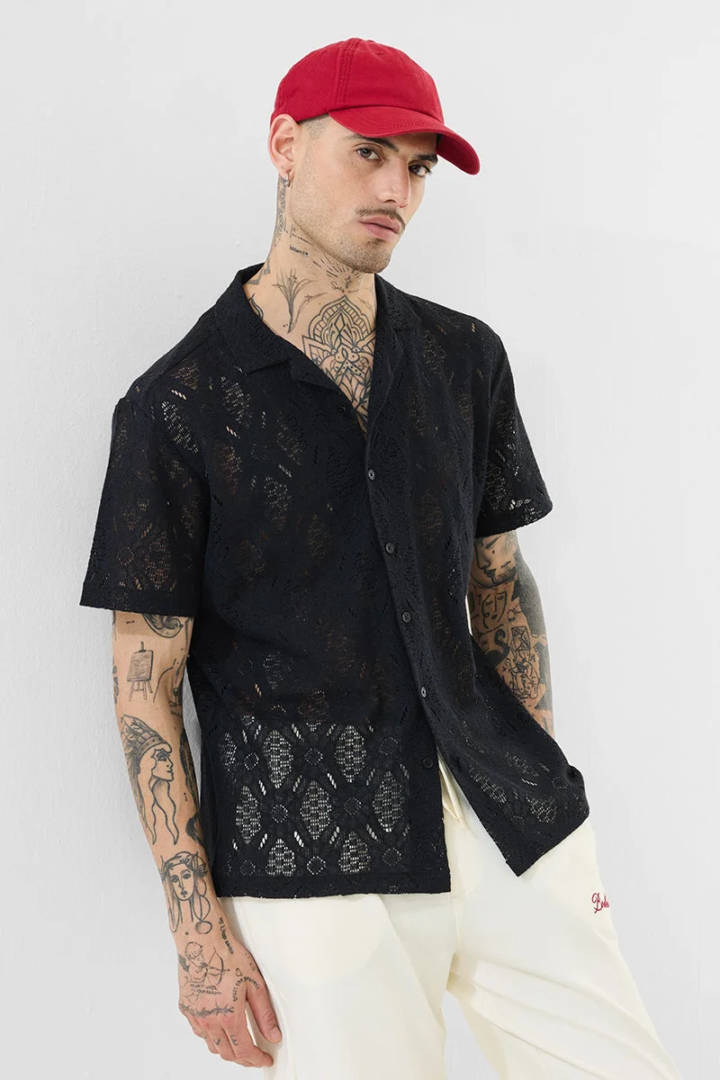 SNITCH Black Textured Half Sleeve Boxy Shirt