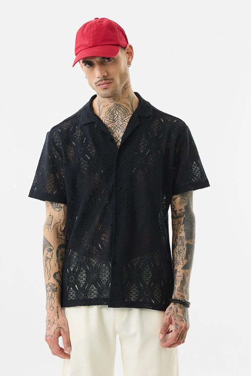 سنيتش Black Textured Half Sleeve Boxy Shirt