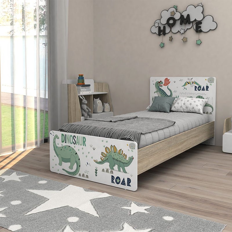 DANUBE HOME Kinder Dino 90x200 Kids Bed | Modern Design Wooden Kids Bed Frame Furniture | Comfortable Bed (Mattress Not Included) - White & Sonoma Oak - Image 1