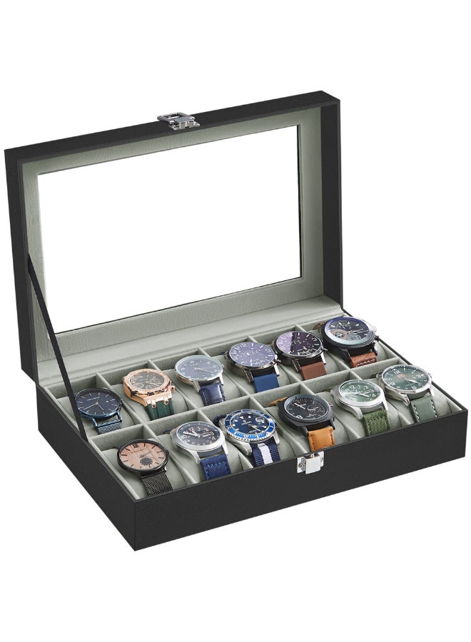 SONGMICS Watch Box with 12 Slots, Watch Case with Glass Lid, Watch Display Box with Removable Watch Pillows, Metal Clasp, Gift Idea, Black Synthetic Leather, Greenish Grey Lining - Image 1