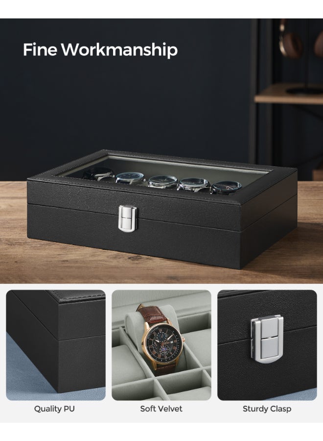 SONGMICS Watch Box with 12 Slots, Watch Case with Glass Lid, Watch Display Box with Removable Watch Pillows, Metal Clasp, Gift Idea, Black Synthetic Leather, Greenish Grey Lining - Image 3