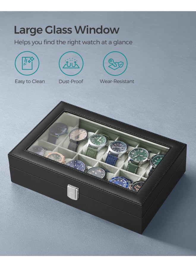 SONGMICS Watch Box with 12 Slots, Watch Case with Glass Lid, Watch Display Box with Removable Watch Pillows, Metal Clasp, Gift Idea, Black Synthetic Leather, Greenish Grey Lining - Image 4