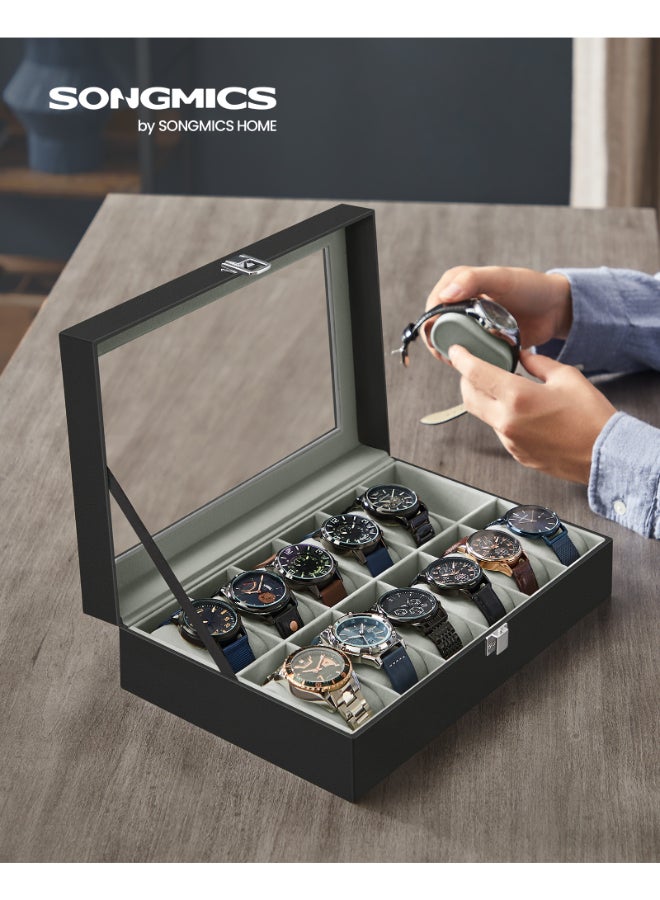 SONGMICS Watch Box with 12 Slots, Watch Case with Glass Lid, Watch Display Box with Removable Watch Pillows, Metal Clasp, Gift Idea, Black Synthetic Leather, Greenish Grey Lining - Image 2