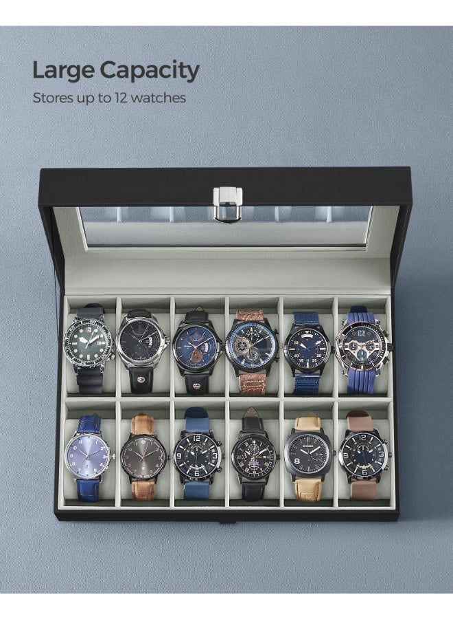 SONGMICS Watch Box with 12 Slots, Watch Case with Glass Lid, Watch Display Box with Removable Watch Pillows, Metal Clasp, Gift Idea, Black Synthetic Leather, Greenish Grey Lining - Image 5