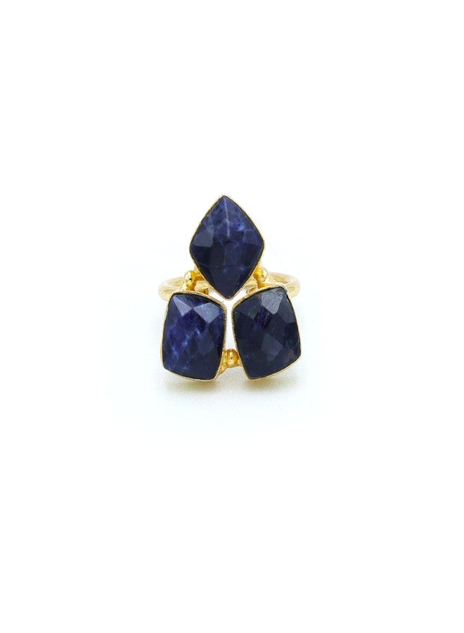 Dua Sodalite Triple Ring – Bold Blue Gemstone Adjustable Gold Statement Jewelry - Image 1