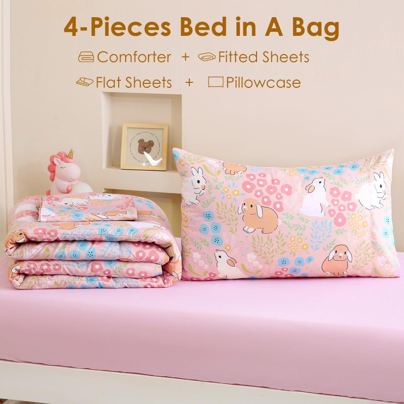 Homilay Toddler Comforter Set for Kids, Boys, Girls, 4 Pieces Bed-in-a-Bag Bedding Set, All Season Ultra Soft Sheets Set with Comforter, Cute Rabbit - Image 3