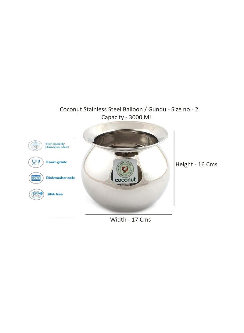 Coconut Stainless Steel Heavy Gauge Pongal Pot | Gundu Balloon Handi | Multipurpose Steel Cooking Vessel | Rust Resistant, Durable Kitchen Pot for Daily & Festival Use (3000ml) - Image 2