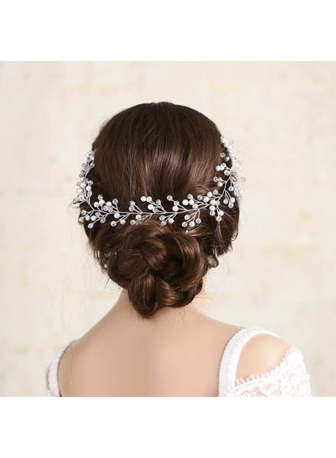 **Bridal Pearl Hair Vine Headband with Beaded Rhinestone Details – Elegant Wedding Hair Accessory for Women and Girls, Silver** - Image 1