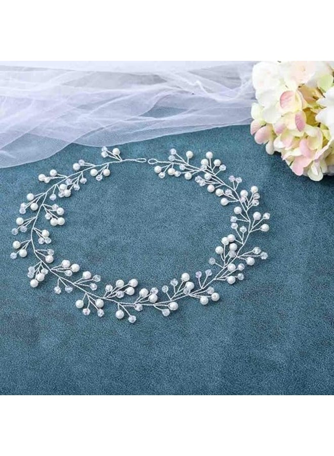 **Bridal Pearl Hair Vine Headband with Beaded Rhinestone Details – Elegant Wedding Hair Accessory for Women and Girls, Silver** - Image 3