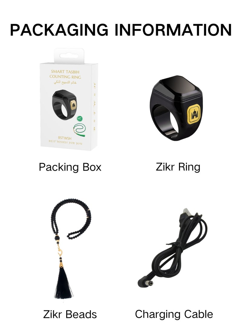 Smart Tasbih Zikr Ring, Prayer Tasbeeh Counter, Muslim Prayer Time Reminder, OLED Display, Wireless Bluetooth Connection App, Waterproof Wearable Device, Including Beads Tasbih, 20mm, Black - Image 2