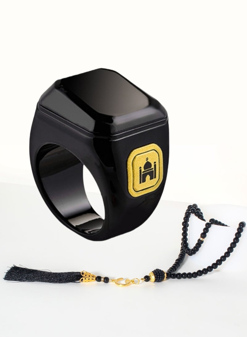 Smart Tasbih Zikr Ring, Prayer Tasbeeh Counter, Muslim Prayer Time Reminder, OLED Display, Wireless Bluetooth Connection App, Waterproof Wearable Device, Including Beads Tasbih, 20mm, Black - Image 1