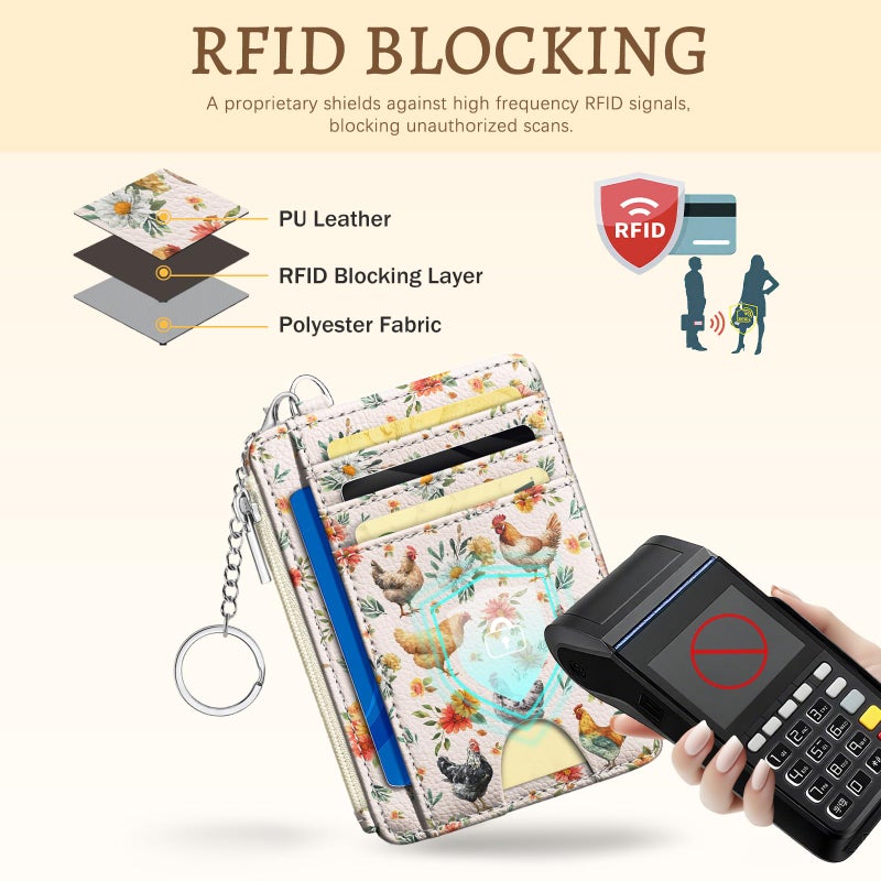 Kelvoris Chicken Rooster Credit Card Holder Small Wallet Women, Flowers Slim RFID Blocking Wallet Woman Keychain with Zipper Coin Pocket, Front Pocket Thin Travel Card Case with ID Window Ladies Gifts - Image 4