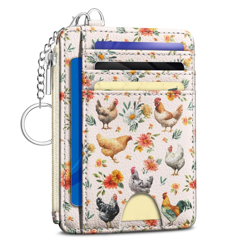 Kelvoris Chicken Rooster Credit Card Holder Small Wallet Women, Flowers Slim RFID Blocking Wallet Woman Keychain with Zipper Coin Pocket, Front Pocket Thin Travel Card Case with ID Window Ladies Gifts - Image 1
