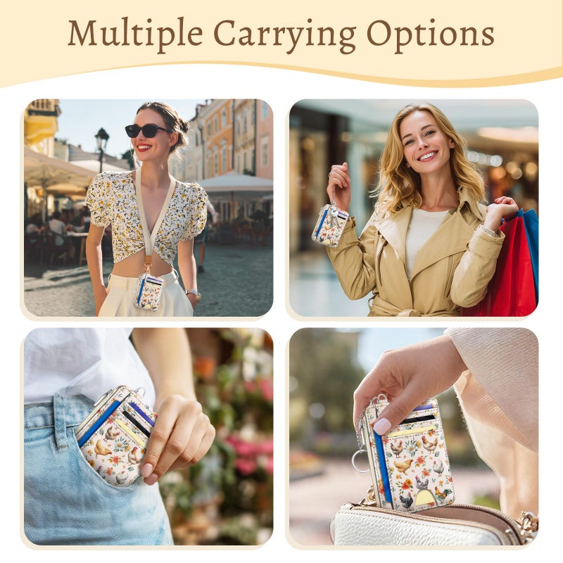Kelvoris Chicken Rooster Credit Card Holder Small Wallet Women, Flowers Slim RFID Blocking Wallet Woman Keychain with Zipper Coin Pocket, Front Pocket Thin Travel Card Case with ID Window Ladies Gifts - Image 2