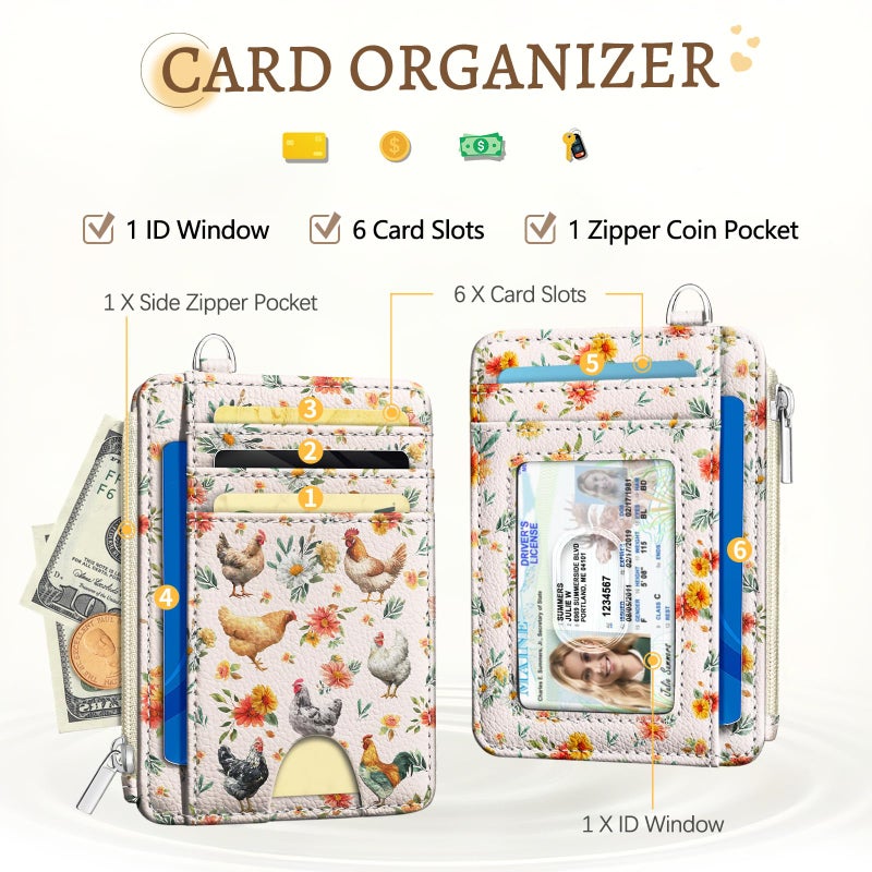 Kelvoris Chicken Rooster Credit Card Holder Small Wallet Women, Flowers Slim RFID Blocking Wallet Woman Keychain with Zipper Coin Pocket, Front Pocket Thin Travel Card Case with ID Window Ladies Gifts - Image 3