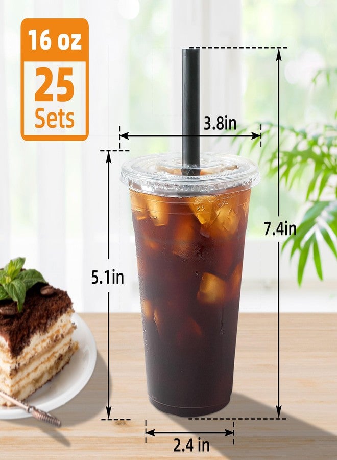 lucdnc 16oz Disposable Clear Plastic Cups with Lids and Smoothies Straws Party Drinking Cups for Milkshakes,Cold Coffee-25 Sets - Image 2