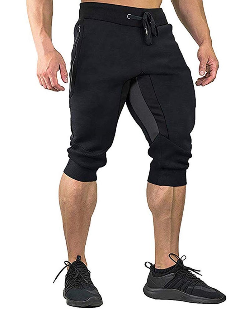 YSENTO Men's Casual Cotton Shorts 3/4 Jogger Capri Cropped Pants Below Knee Shorts with Pockets Black Size 30 - Image 1