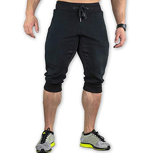 YSENTO Men's Casual Cotton Shorts 3/4 Jogger Capri Cropped Pants Below Knee Shorts with Pockets Black Size 30 - Image 2