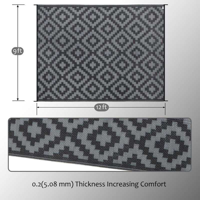 SAND MINE Waterproof Outdoor Rug 9x12 ft, Plastic Reversible Rug, Modern Area Rug, Large Floor Mat for Outdoors, RV, Patio, Backyard, Deck, Picnic, Beach, Camping, Black Grey Lattice - Image 4