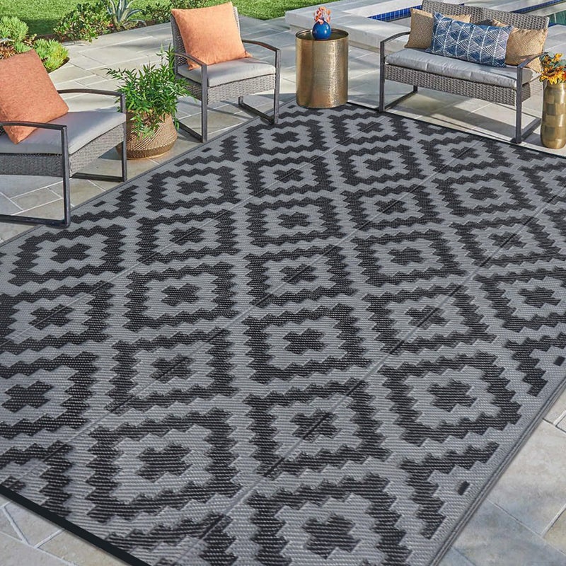 SAND MINE Waterproof Outdoor Rug 9x12 ft, Plastic Reversible Rug, Modern Area Rug, Large Floor Mat for Outdoors, RV, Patio, Backyard, Deck, Picnic, Beach, Camping, Black Grey Lattice - Image 1
