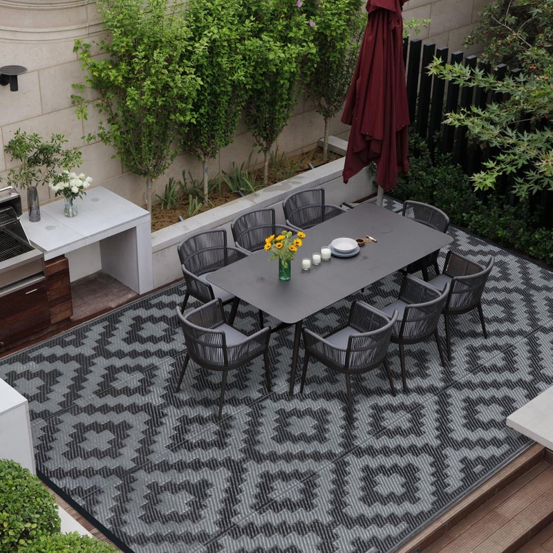 SAND MINE Waterproof Outdoor Rug 9x12 ft, Plastic Reversible Rug, Modern Area Rug, Large Floor Mat for Outdoors, RV, Patio, Backyard, Deck, Picnic, Beach, Camping, Black Grey Lattice - Image 5