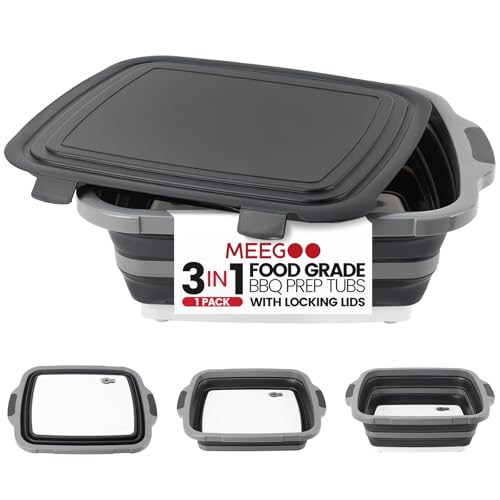 Meegoo BBQ Prep Tub 3IN1 Large 16L Collapsible Cutting Board with Locking Lid for Meal Prep Marinating Food Camping Sink with Colander Dish Basin Storage Blanket for Camping Picnic BBQ Black - Image 1
