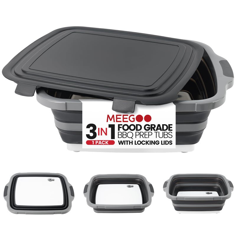 Meegoo BBQ Prep Tub 3IN1 Large 16L Collapsible Cutting Board with Locking Lid for Meal Prep Marinating Food Camping Sink with Colander Dish Basin Storage Blanket for Camping Picnic BBQ Black - Image 2