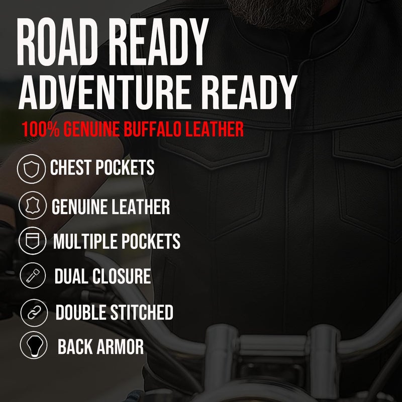 Jackets 4 Bikes SOA Motorcycle Vest for Men, Premium Buffalo Leather, Back Armor, Inside Pockets, Biker Riding Club Vests Black L - Image 4