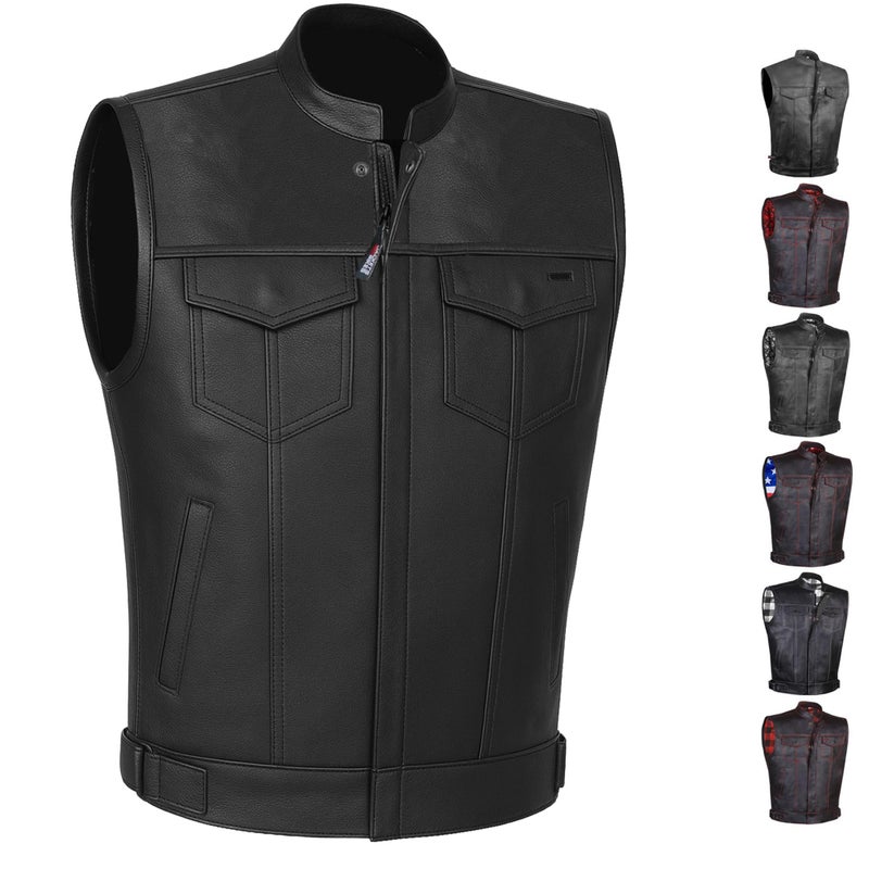 Jackets 4 Bikes SOA Motorcycle Vest for Men, Premium Buffalo Leather, Back Armor, Inside Pockets, Biker Riding Club Vests Black L - Image 1