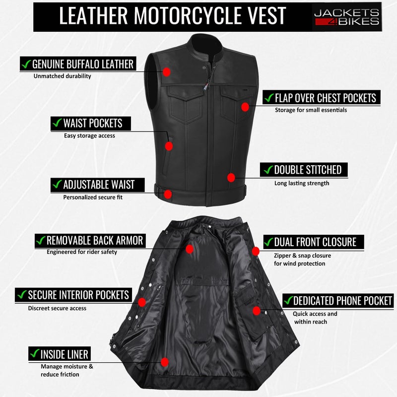 Jackets 4 Bikes SOA Motorcycle Vest for Men, Premium Buffalo Leather, Back Armor, Inside Pockets, Biker Riding Club Vests Black L - Image 5