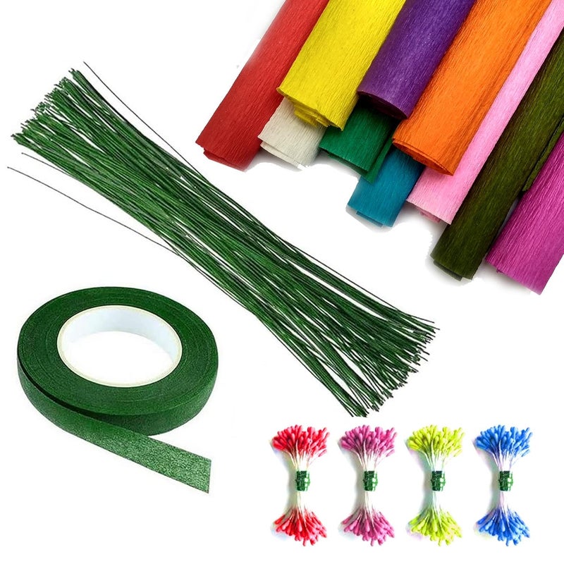 Crepe Paper Flower Craft Kit with 10 Sheets (25x85 cm), 25 Floral Stems, Green Floral Tape & 4 Types of Pollens