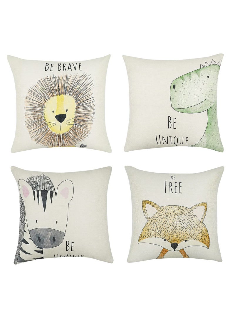 Y&D Sofa Pillowcase Set of 4, Decorative 45 x cm, Polyester Linen Cushion Cover 18x18", Cute Cartoon Lion Pattern for Home Decor Living Room Bed Car (Beige)  - Image 1