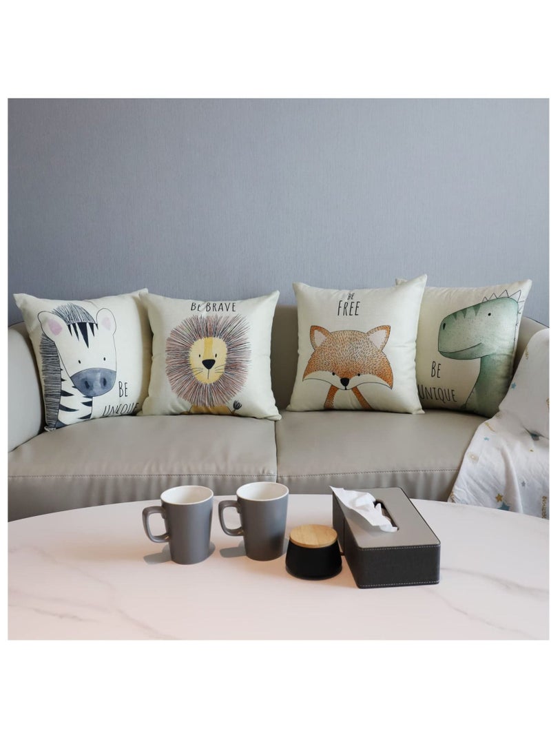 Y&D Sofa Pillowcase Set of 4, Decorative 45 x cm, Polyester Linen Cushion Cover 18x18", Cute Cartoon Lion Pattern for Home Decor Living Room Bed Car (Beige)  - Image 2